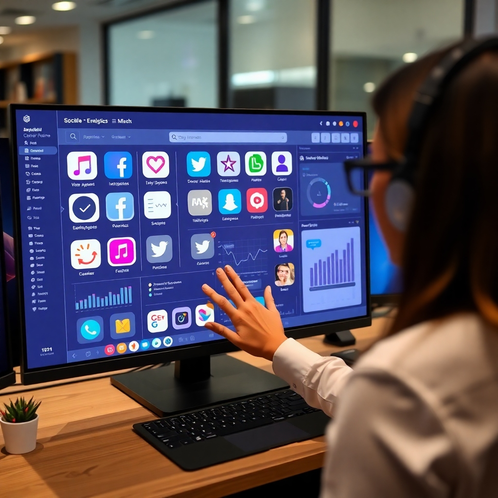 An engaging image depicting a professional managing multiple social media accounts from a sleek digital dashboard. Show visuals of vibrant social media icons on the screen with live analytics. Create a busy yet organized workspace ambiance, highlighting user engagement. Technical specs: high resolution.