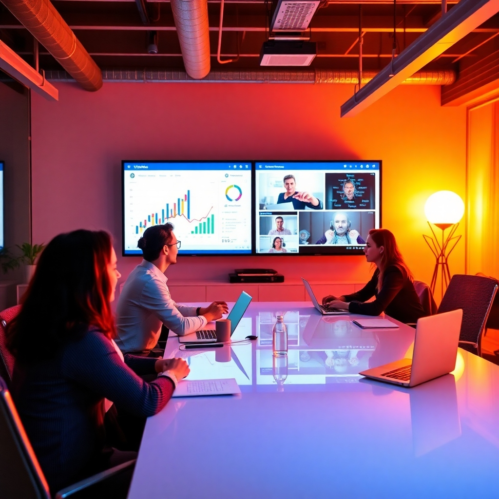 An engaging image illustrating a business meeting where professionals use Vidko AI for brainstorming and strategy planning. The lighting is vibrant and conducive to collaboration. The scene features digital screens displaying analytics and video content, with a color palette of warm tones to inspire creativity. The environment boasts modern decor, emphasizing innovation and professionalism, with detailed textures reflecting a contemporary workplace.