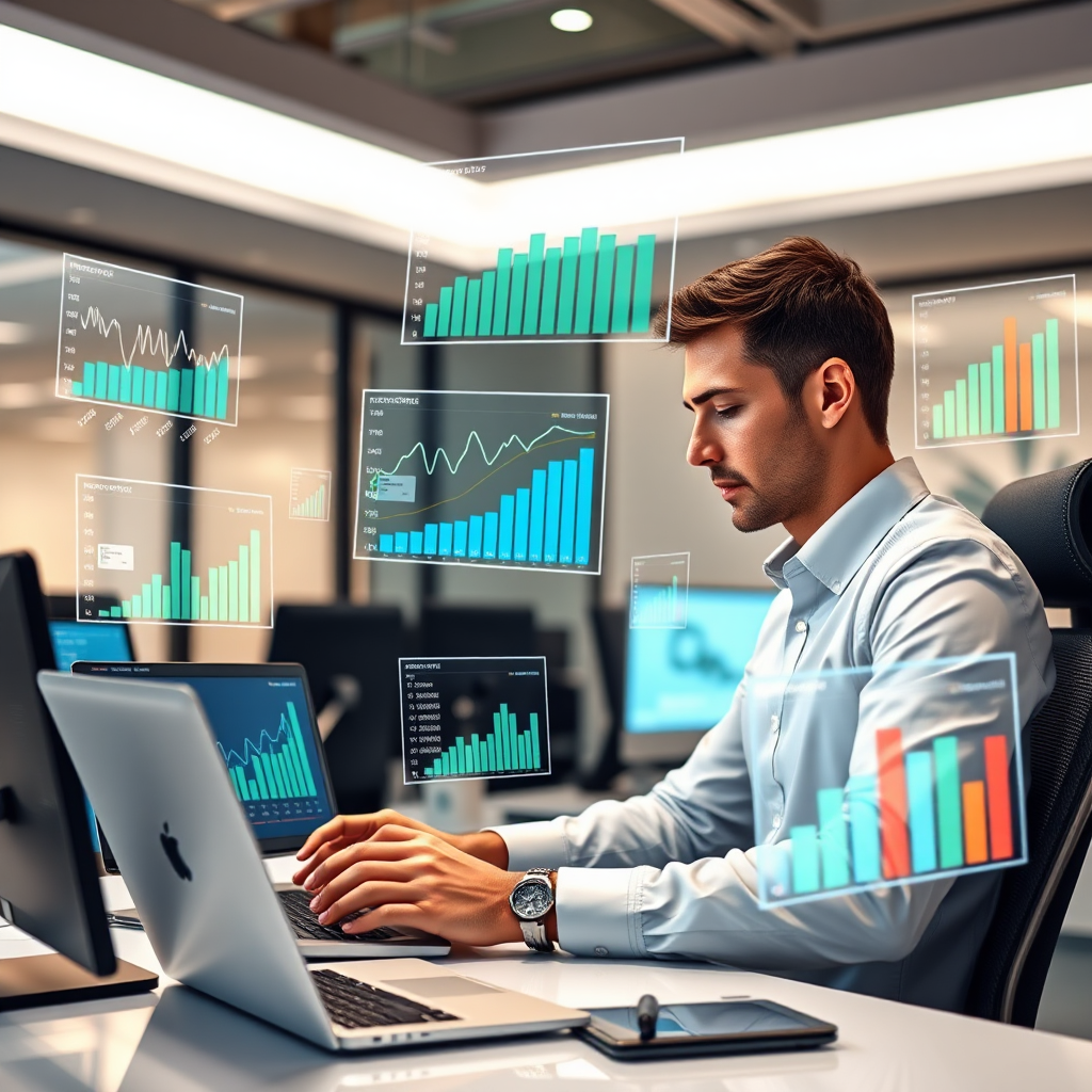 An engaging image of a busy executive working on multiple devices, with graphs and data visualizations floating around, showcasing real-time performance. The setting is a modern office with sharp lines and a bright aesthetic. The focus should be on the executive's concentration and the digital interfaces surrounding him. Style reference: Digital workspace.