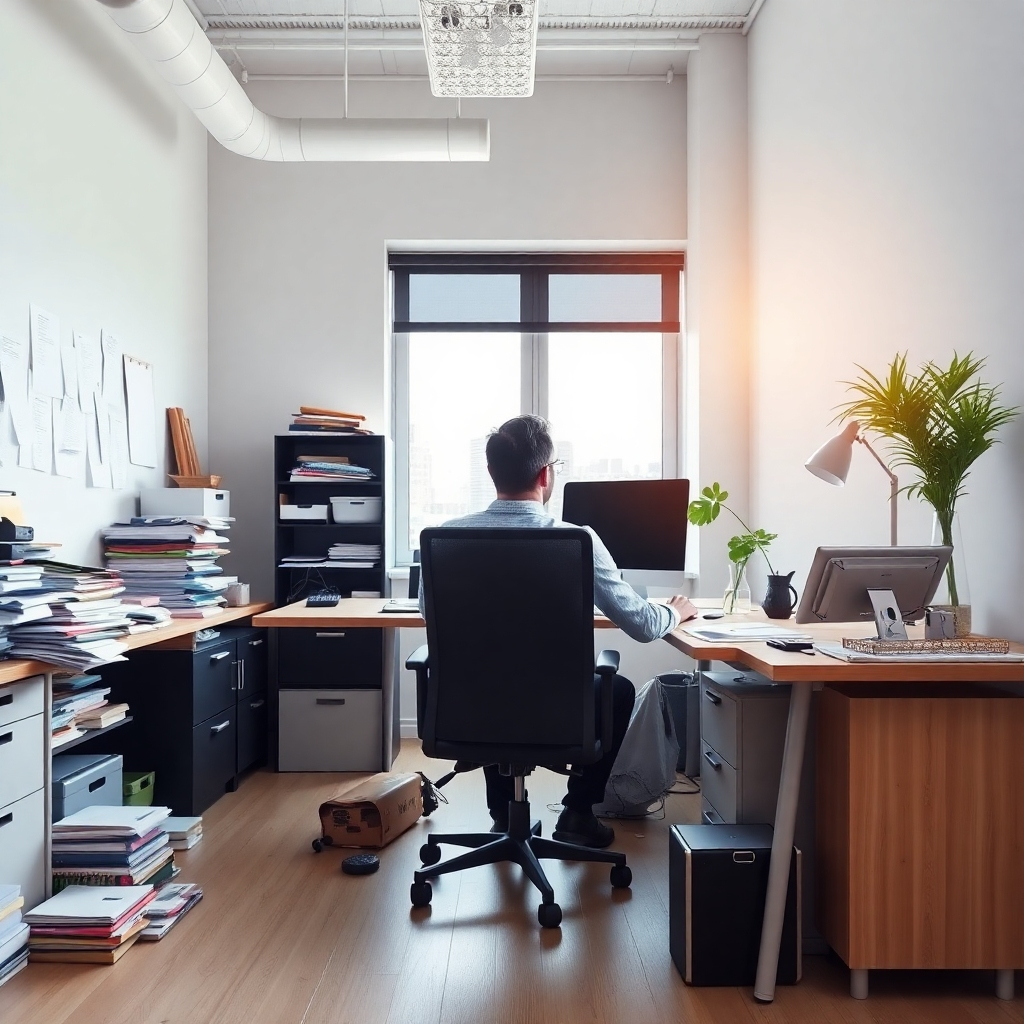 An engaging image of a busy professional seated at a cluttered desk transformed into an organized, serene space through the use of SocialTale AI tools. A bright window shows the outside world, symbolizing freedom from stress when using AI solutions. Highlight clean lines and a harmonious color palette. Technical specs: high resolution.