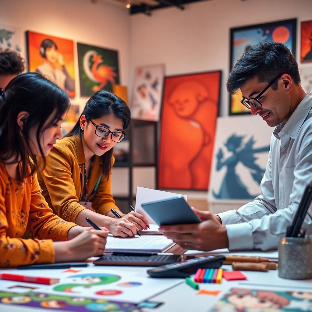 An engaging image of creative professionals collaborating on a project, with Ghibli-inspired artwork and digital tools surrounding them. The lighting is inviting and warm, with a mix of bright colors from the artworks. The camera angle should capture the energy of collaboration, showcasing vibrant textures and materials that embody creativity and inspiration at work in a high-quality setting.