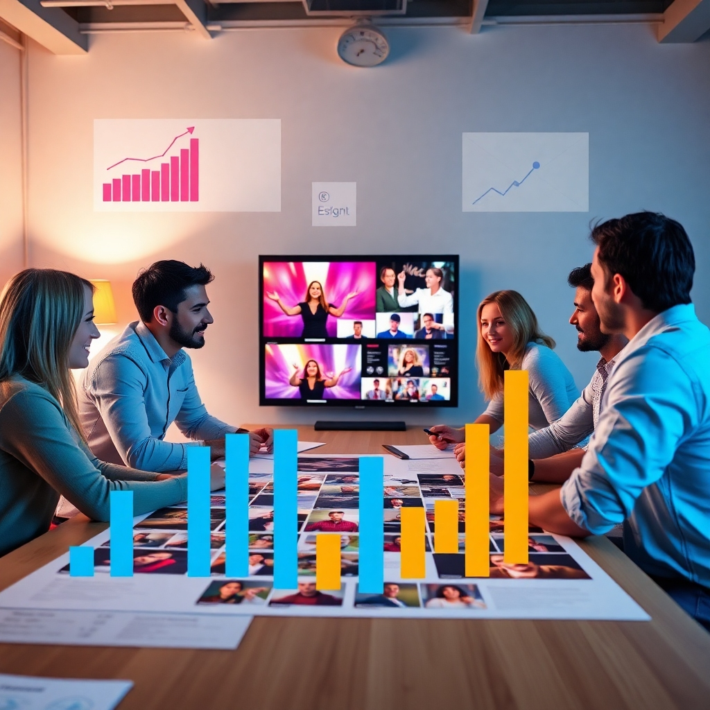An engaging image of marketing professionals strategizing over a large table with vibrant visuals of videos displayed around them. Charts showing growth and engagement hover beside them, illustrating data-driven decisions. Soft, inviting lighting creates a collaborative atmosphere. The camera angle focuses on the team's dynamic interactions. This image embodies the essence of focused video marketing strategy development.
