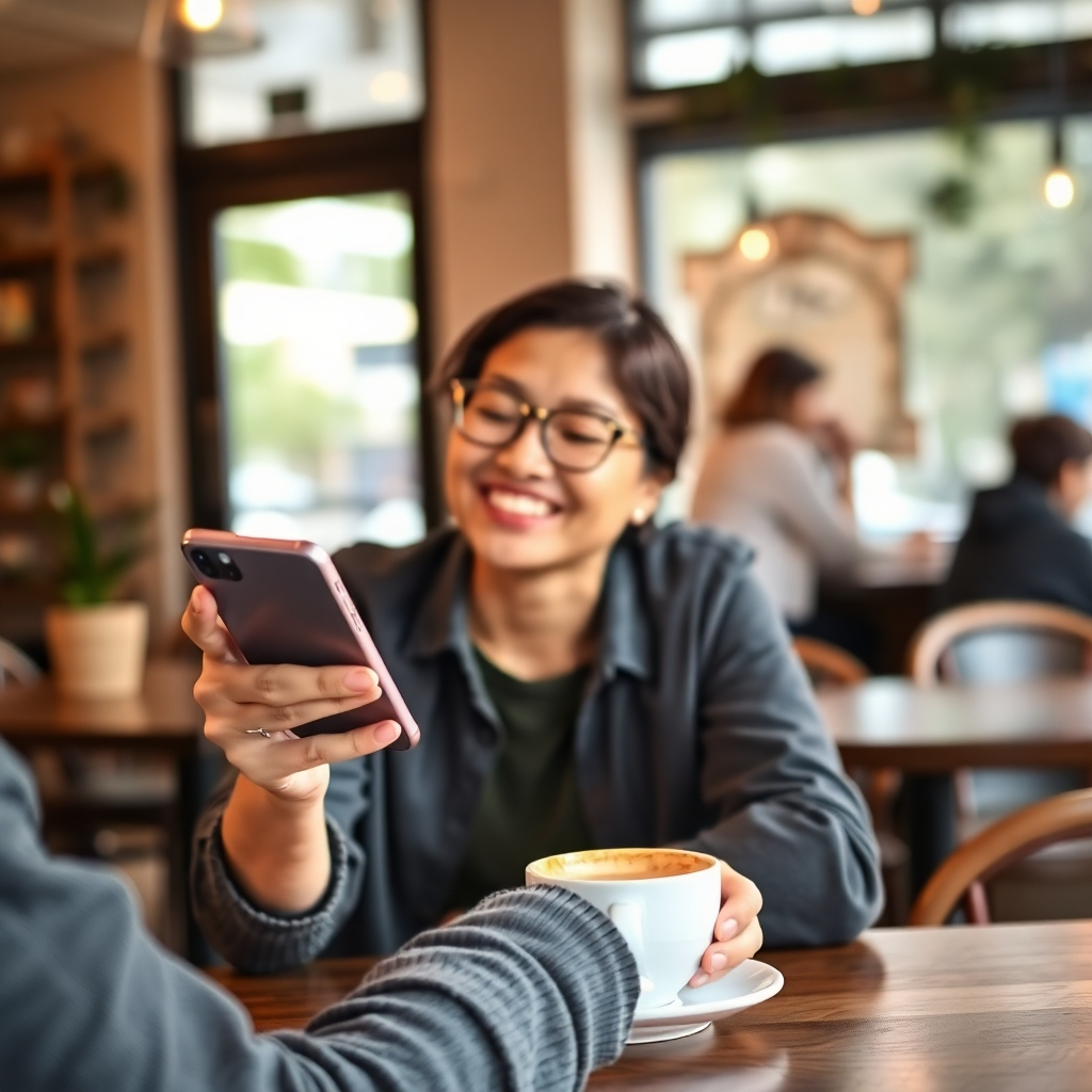 An engaging image showing a person happily examining free traffic metrics on a sleek smartphone while enjoying a coffee in a cozy café. The color palette should feature warm tones encouraging positivity and creativity. Ensure the background showcases subtle elements of nature or community, creating a relaxed atmosphere that embodies freedom and efficiency in traffic generation.