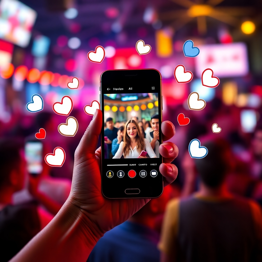 An engaging image showing a smartphone displaying a video going viral, surrounded by likes and share notifications. The background should be a bustling social media scene with users interacting. The lighting is vibrant, filled with bright colors like red, blue, and yellow, symbolizing engagement and excitement. The camera captures the vibrant notifications flying around the screen, creating a sense of action and immediate impact. This photorealistic image should capture the thrill of going viral on social platforms.