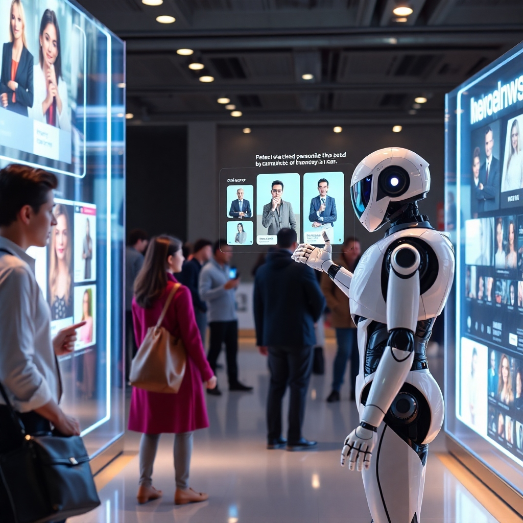 An engaging marketing campaign setting featuring a holographic display showcasing personalized advertisements. The scene includes various customers interacting with advertisements, with a sleek, futuristic robot assisting them, highlighting the blend of AI and marketing.