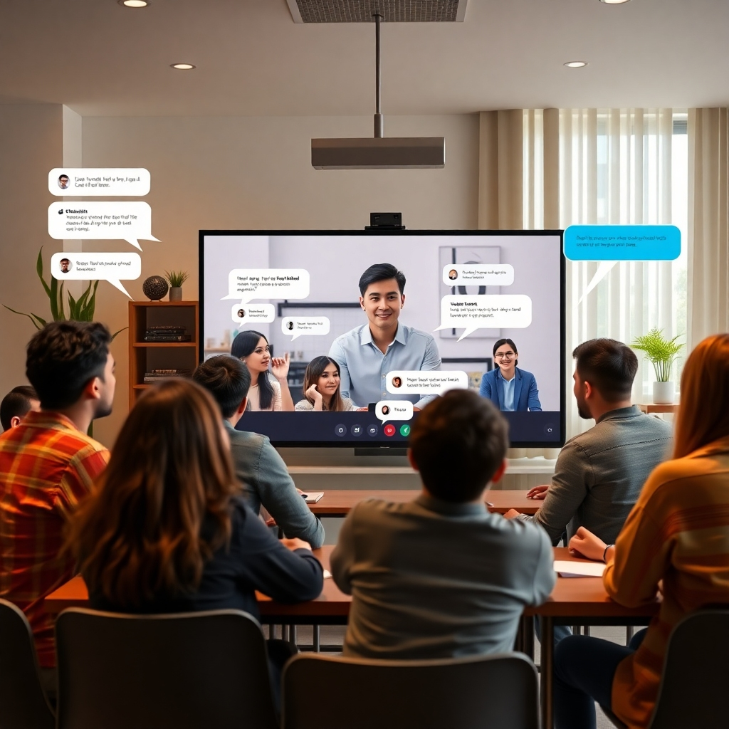 An engaging online classroom scene where a diverse group of students interacts via video call. The screen shows a facilitator leading a session, with chat bubbles indicating active participation and feedback, all in a cozy and inviting digital space.