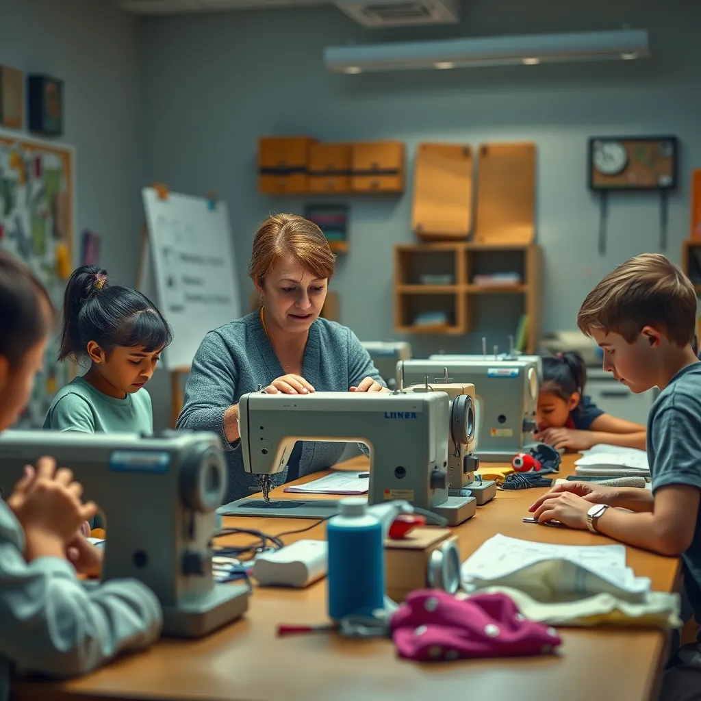 An engaging photorealistic scene of a sewing class in progress, with students of different ages learning to sew. The instructor is demonstrating techniques at a sewing machine, surrounded by materials, patterns, and students focused on their projects.
