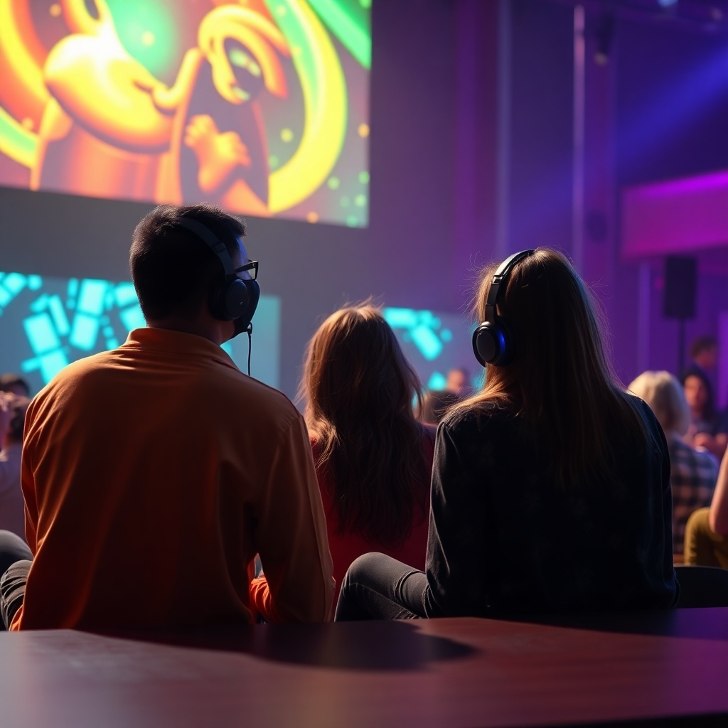 An engaging representation of listeners experiencing audio content in a visually stunning setting. This scene includes elements of storytelling, such as visuals of a compelling narrative unfolding in sync with audio clips. Vivid colors are used to evoke emotions, while natural lighting and layered textures create depth and engagement.