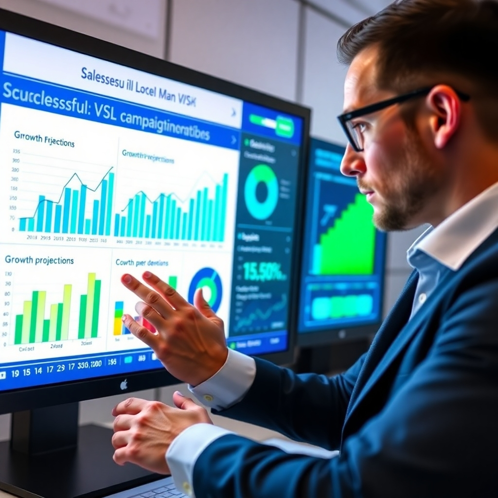 An engaging scene featuring a business professional analyzing sales data represented on a digital interface. The presentation highlights successful VSL campaigns and growth projections. The colors are vibrant and motivating, with bright blues and greens dominating, symbolizing success and prosperity. The composition should focus on the clarity of the visual data, with elements like 3D graphs and animated statistics surrounding the professional, captured in a high-quality, photorealistic style.