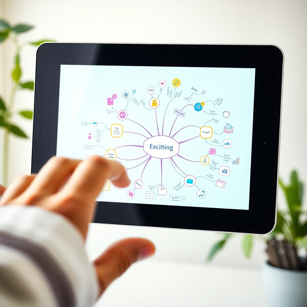 An engaging scene featuring a digital brainstorming session represented by a visually vibrant mind map emerging from a touchscreen device. The background is light and airy, with hints of greenery. The camera angle focuses on the device, capturing the flowing ideas visually represented by exciting graphics and colors. Smooth textures of the device and soft edges in the visuals represent a seamless fusion of creativity and technology.
