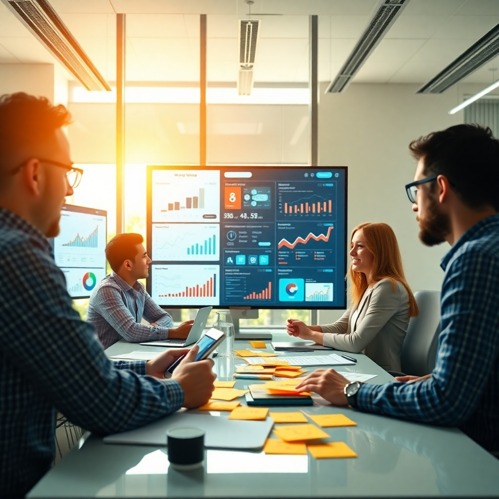 An engaging scene illustrating a marketing team in a bright office, analyzing data on digital marketing campaigns. Large screens display analytics, social media feeds, and advertisements, accompanied by creative brainstorming elements like sticky notes and sketches.