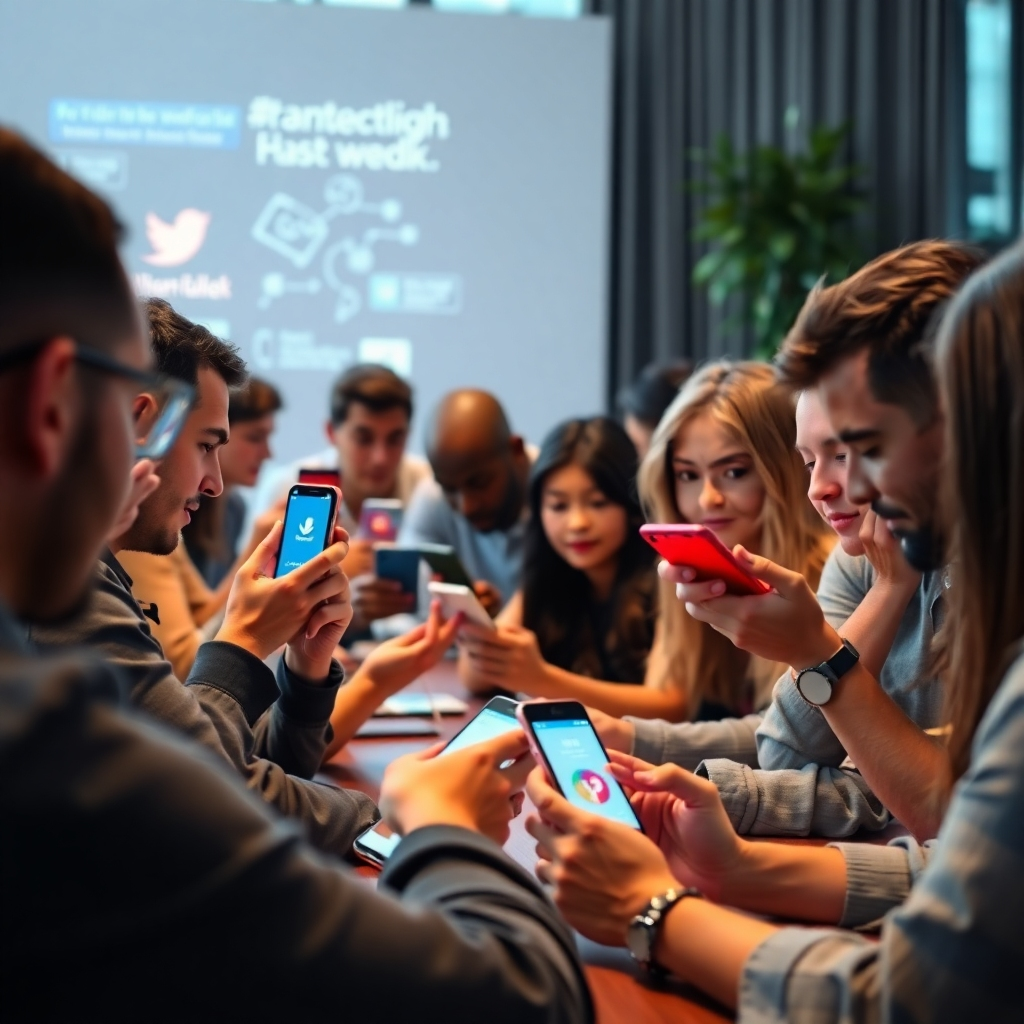 An engaging scene of a diverse group of individuals on their smartphones and computers, actively participating in social media discussions. Highlight various platforms' logos, and show post interactions like likes and shares to represent engagement and traffic generation.