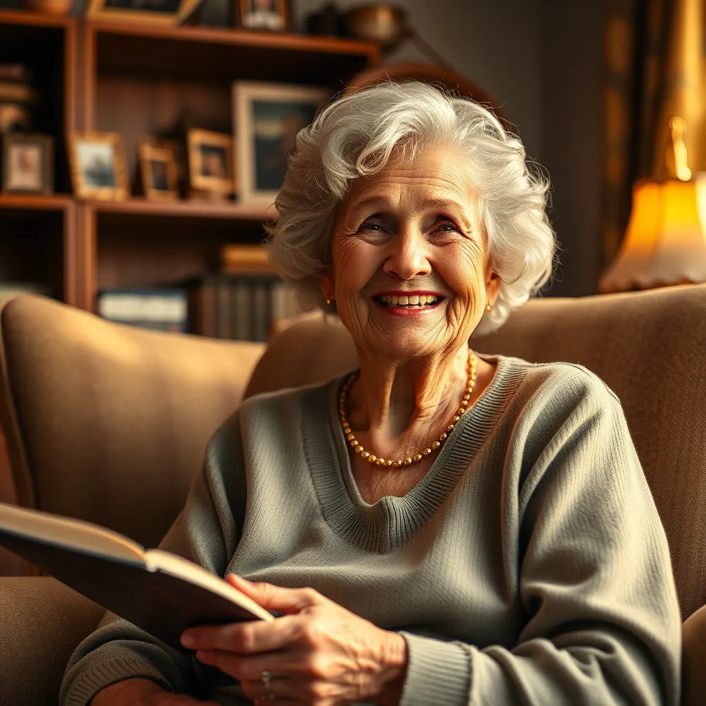 An engaging scene showcasing a grandmother's photo coming to life, with her smiling and recounting a cherished tale. The lighting has a gentle golden hour glow, creating a heartwarming atmosphere. A rich color palette includes soft pastels and warm golds to evoke nostalgia. The camera angle captures her from a slight low perspective, emphasizing her warmth and wisdom. The background features family heirlooms and a bookshelf filled with stories, adding layers to the narrative. Create an ultra-detailed representation with textures visible on the fabric of a cozy armchair and the gloss of vintage photo frames, all in hyperrealistic style with 8K resolution.