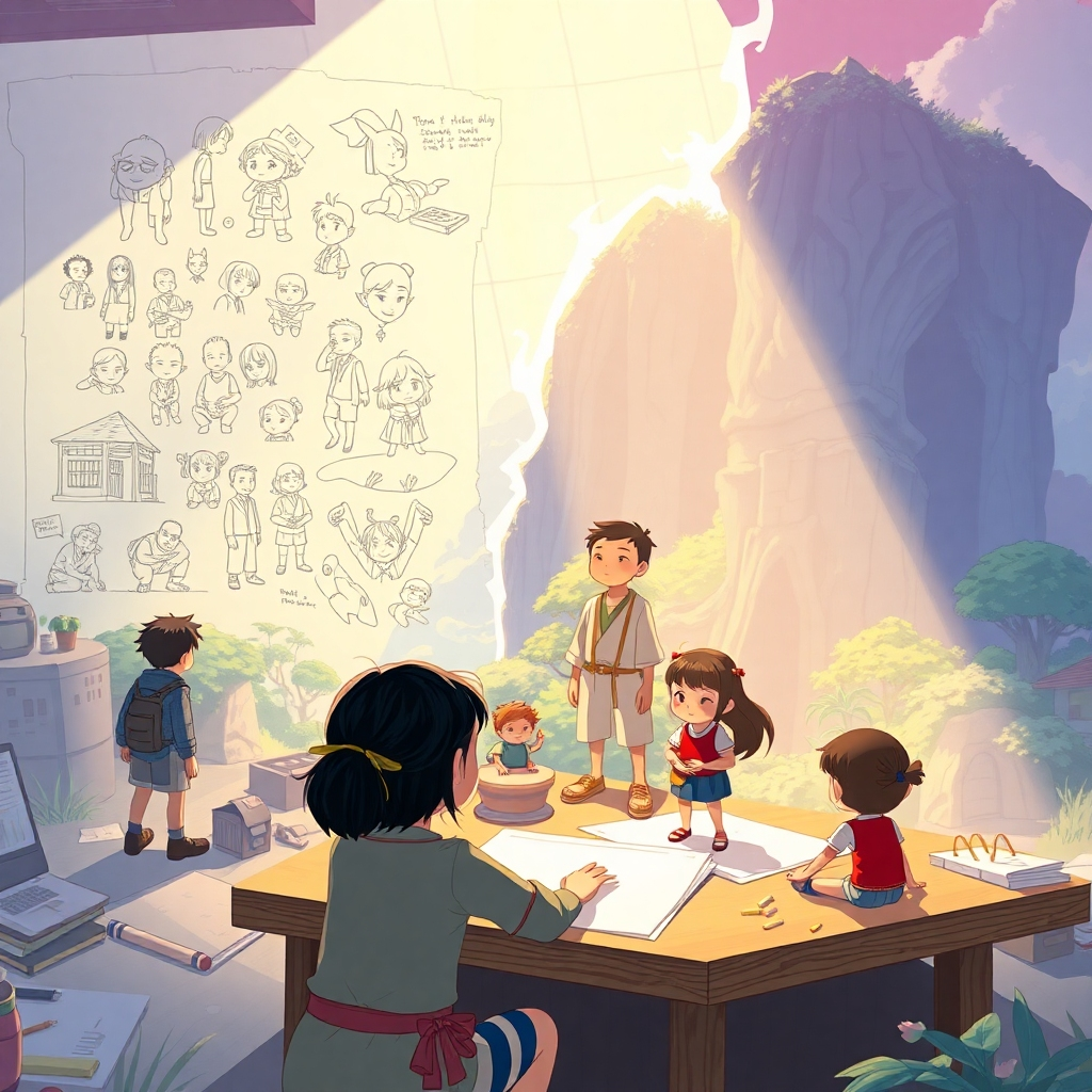 An engaging scene showing a digital transformation where sketches morph into vivid animated characters in a Ghibli-inspired world. The lighting captures the transition from raw ideas to fully realized animations, showcasing a blend of creativity and technology. The color palette is bright and dynamic, with textures that highlight the character designs and surrounding landscapes. The composition should convey a sense of excitement and magic in the air.