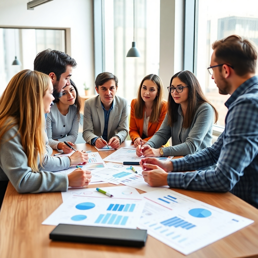 An engaging scene where a mentor is advising a group of designers on market strategies, with data and design boards on the table. The setting is bright and professional, fostering an atmosphere of learning and discovery. The composition should indicate collaboration with design materials spread out and a digital display showing analytics. This high-quality, photorealistic image should capture the importance of strategic guidance in monetizing designs.