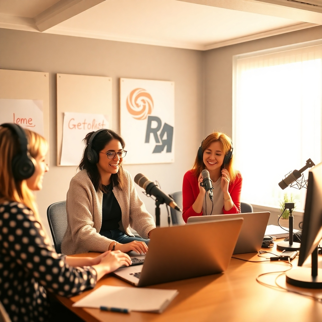 An engaging scene with a team of professionals assisting podcasters in a collaborative studio environment. There should be tools like laptops, headphones, and microphones present, with vibrant visuals indicating brainstorming and storytelling. Warm, natural lighting creates a cozy yet professional ambiance that resonates with creativity.