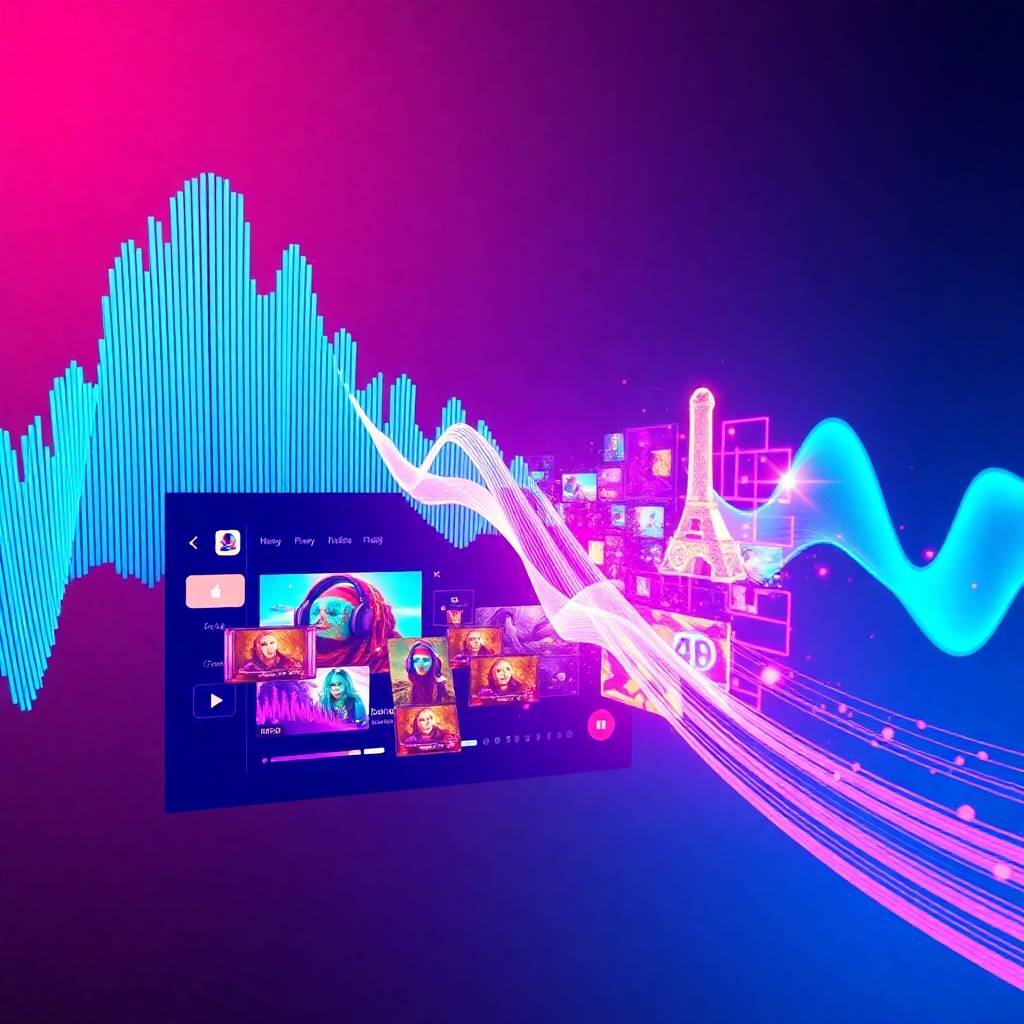 An engaging visual concept portraying the transition of audio to video. The image features a graphic representation of sound waves morphing into vibrant video scenes, filled with animated graphics. The composition is balanced, with dynamic lines indicating movement and change. The lighting is bright and captivating, emphasizing the rich colors of the visuals. An 8K resolution ensures sharp details, making the transformation feel real and immediate. Props can include audio waves and visual effects swirling together, enhancing the overall impact of creativity.