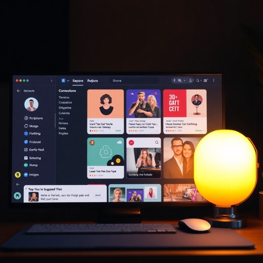 An engaging visual depicting a user’s desktop with an array of suggested topics presented in a lively and intuitive interface. Elements of color and design illustrate personalization and creativity, while a warm light illuminates the scene, enhancing the invitation for exploration. This image captures the essence of customized suggestions in a professional and appealing manner.