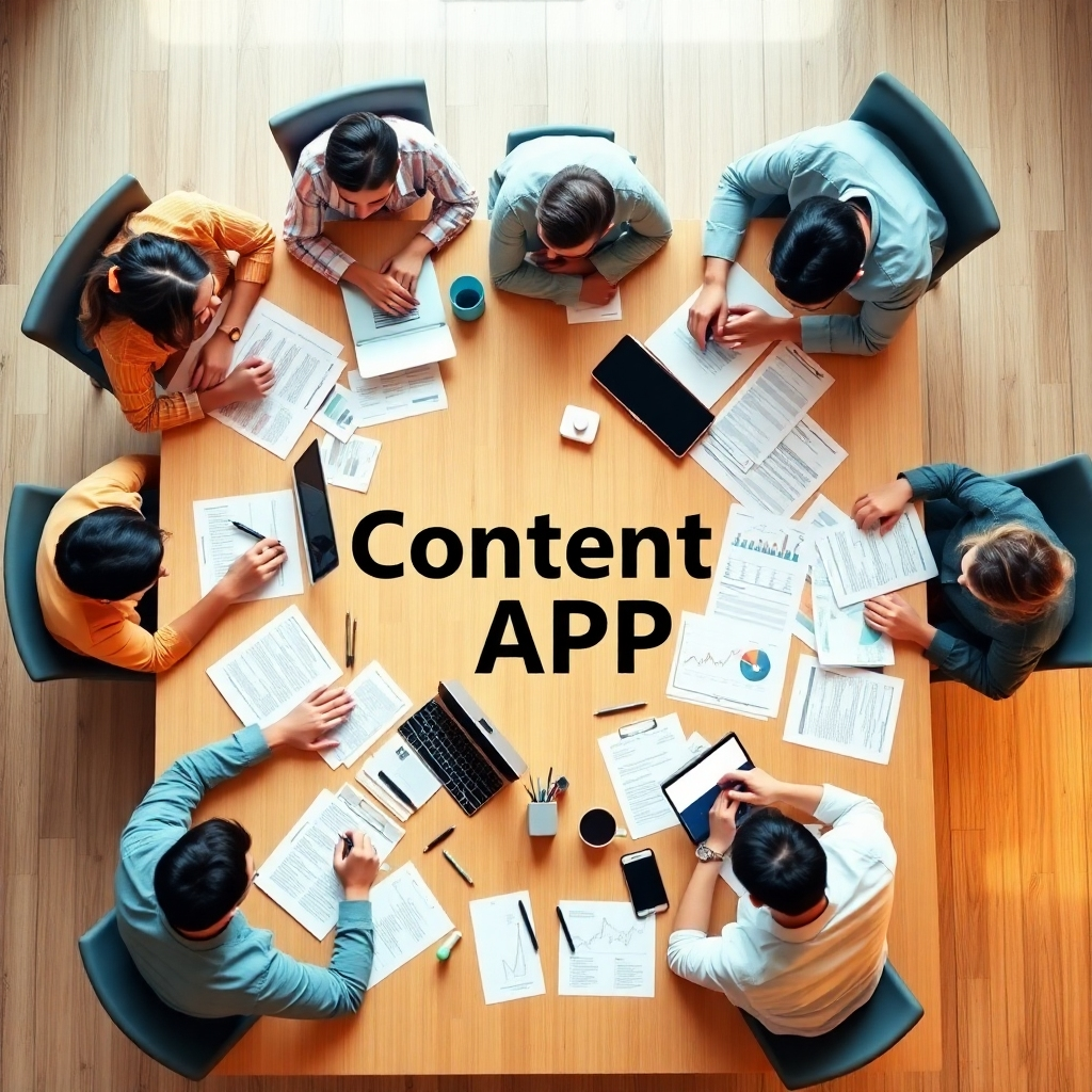 An engaging visual of a brainstorming session where a team collaborates on content strategies for Articalize APP. Overhead shots show a diverse group with documents, laptops, and charts strewn across a table. Warm lighting enhances the cooperative spirit, while a carefully arranged layout conveys order and focus. The overall environment contrasts creativity with analytics, showcasing Articalize APP as the centerpiece of their strategic planning.