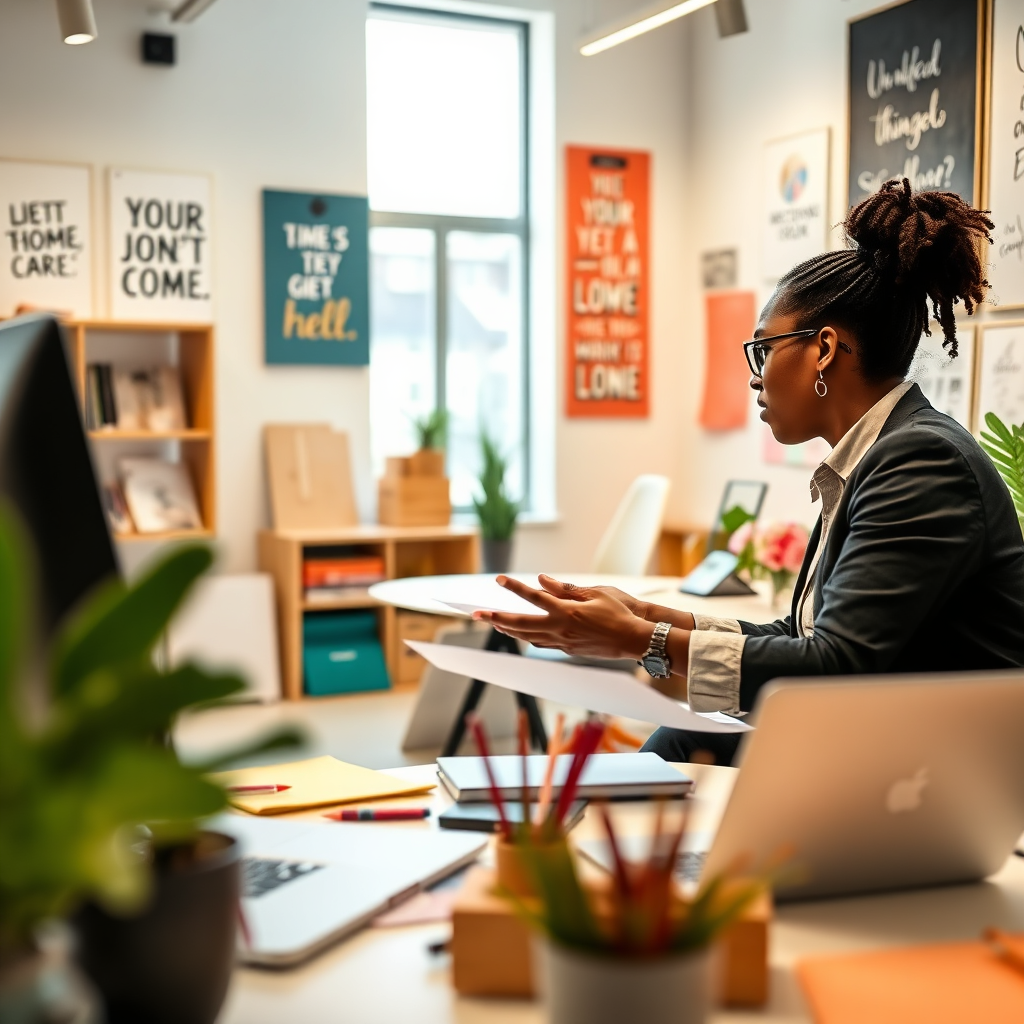 An engaging visual of a mentor and mentee strategizing together in a bright office filled with inspirational quotes and creative materials. The setting is modern and inspiring, with a focus on collaboration and growth. The camera angle should emphasize the dynamic exchange of ideas.