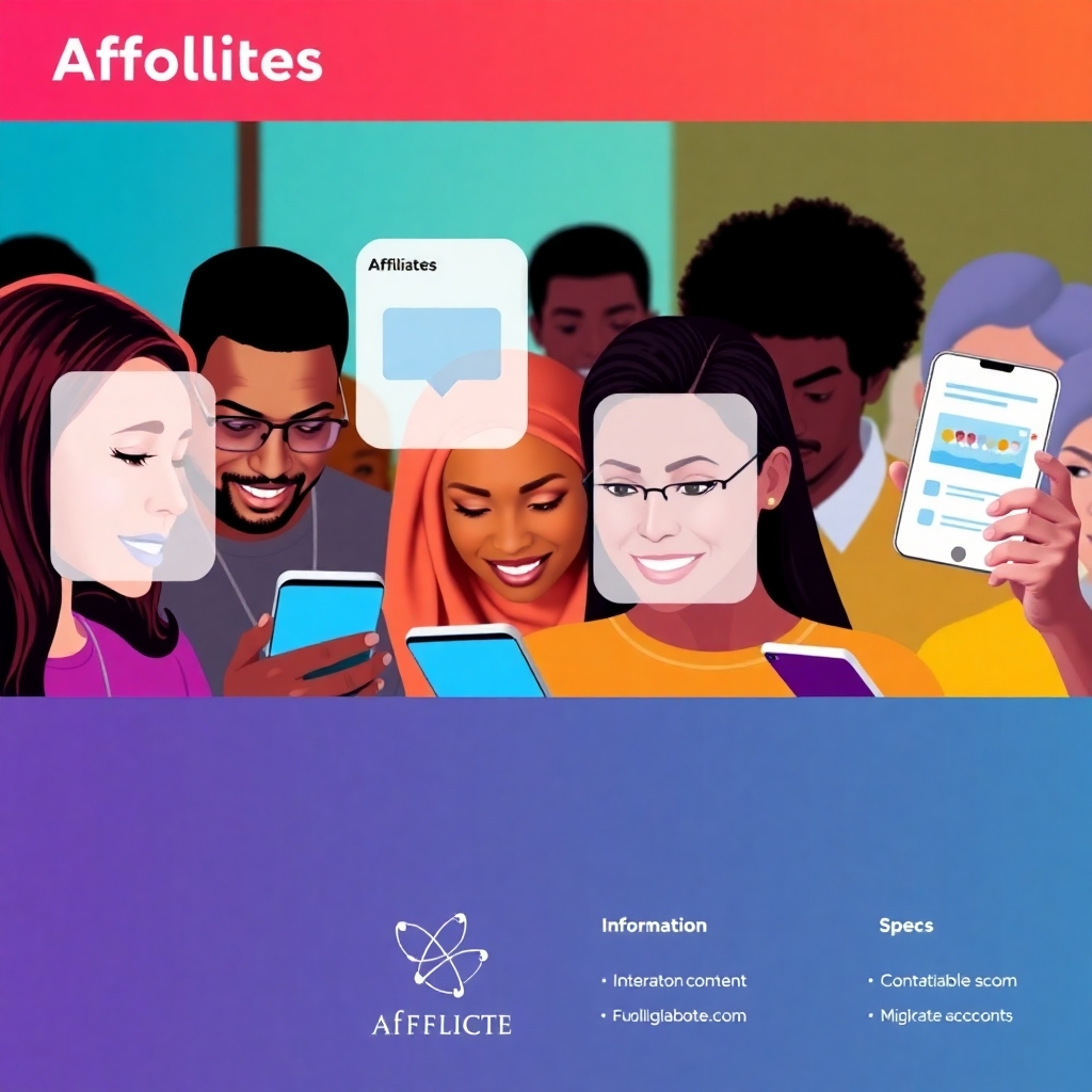 An engaging visual representation of diverse audiences interacting with affiliate content on multiple devices. The diverse setting emphasizes inclusivity, with different backgrounds and devices. Bright and interactive colors are used to highlight engagement patterns. Technical specs: informative and vibrant.