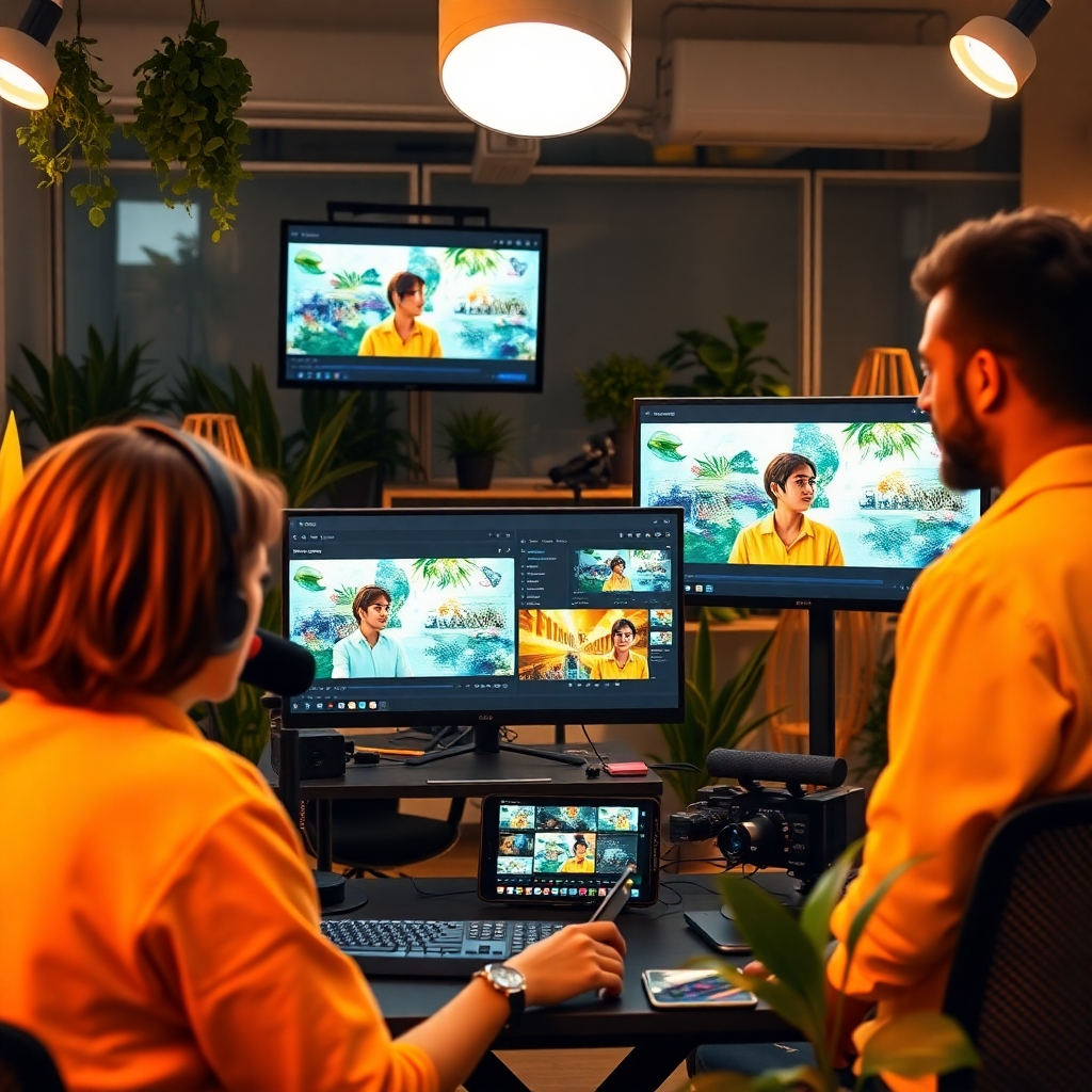 An engaging visual representing teamwork in video production, featuring multiple users interacting remotely via screens. Each participant is engaged with the RocketVideosAI tool, showing vibrant artwork displayed on screens. Bright lights enhance the interaction, coupled with a modern workspace filled with plants and video production equipment. The colors are warm and energizing, largely comprising yellows and oranges to invoke cooperation and creativity. The image should feel dynamic and lively, emphasizing the collaborative nature of our platform.