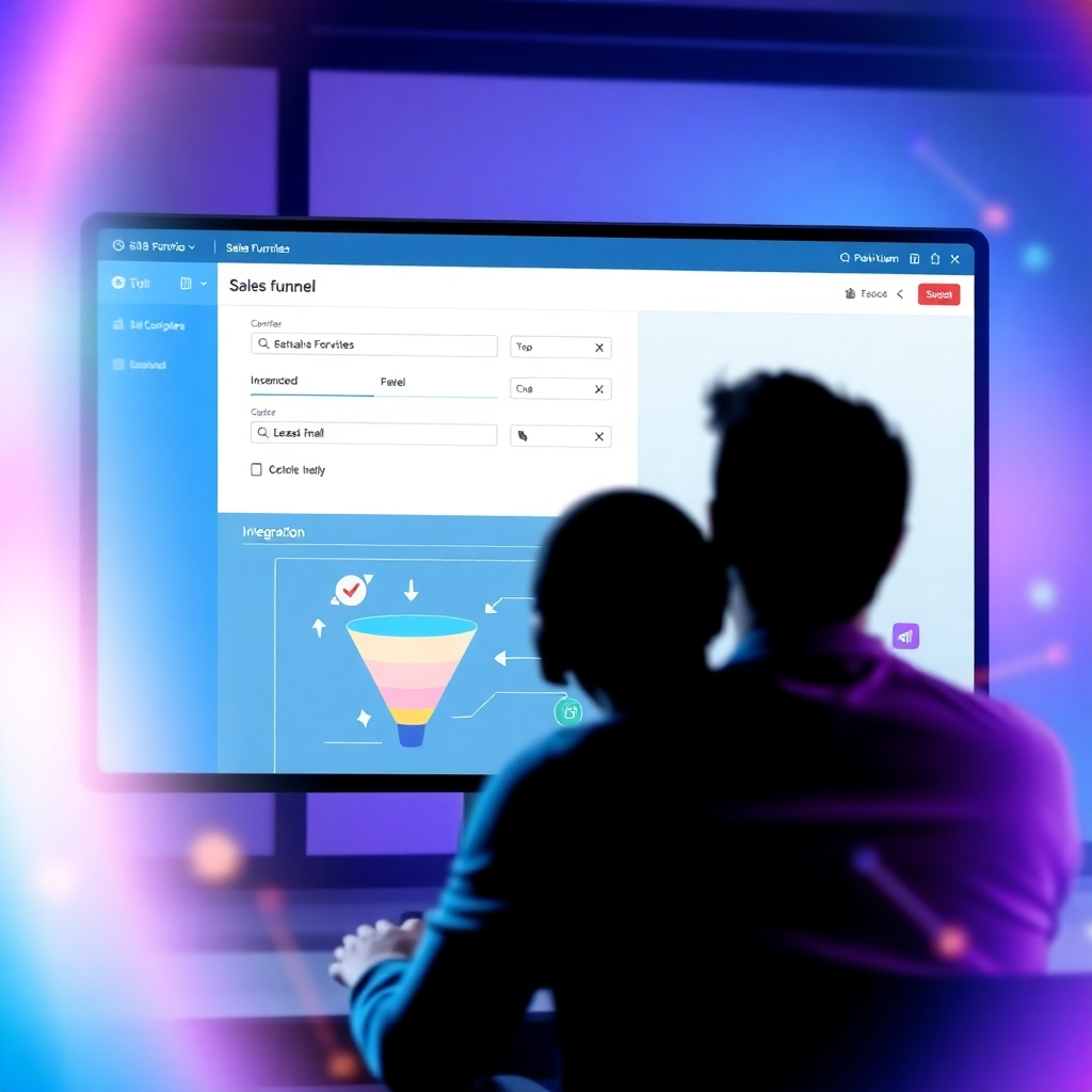 An engaging visual showing a digital screen where a user is configuring sales funnel parameters while a graphic representation of the funnel is displayed beside them. The atmosphere should be dynamic with colorful graphics that illustrate the integration process. Colors should include vibrant hues, with a focus on clarity and engagement, presented in a high-quality visual style that captures the essence of the service.