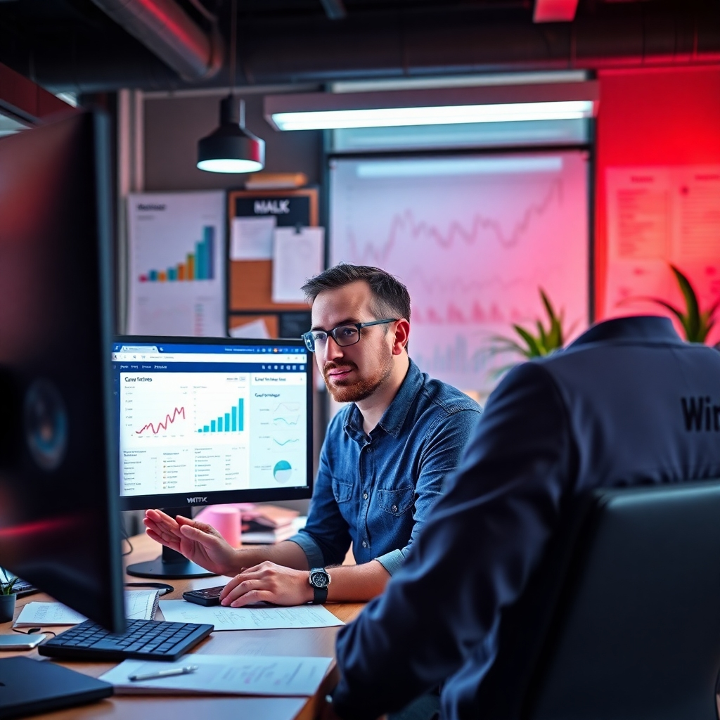An engaging visualization of a content strategist analyzing SEO metrics with Writix AI on multiple monitors. The office is modern, filled with charts and brainstorming materials. Vibrant lighting contrasts with the digital displays' technical glow, emphasizing analytical aspects. The camera angle captures the strategist's focused expression while showcasing the interface’s detailed textures for an optimized experience.
