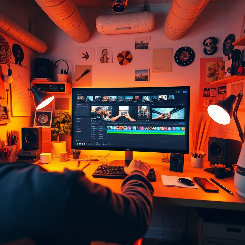 An engaging workspace illustrating a person editing video content on a large screen with editing software. The environment is filled with creative materials and tools, highlighted in warm, inviting colors like oranges and yellows. The camera angle is focused on the screen showing the editing timeline and clips. High-quality details capture the essence of creativity in video editing, making it visually appealing.