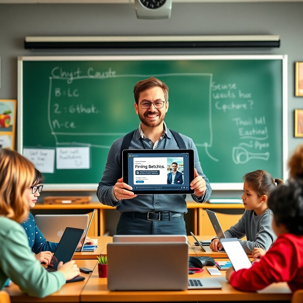 An enthusiastic teacher standing in front of a digital blackboard, holding a tablet displaying a finished video course. Around them are diverse students engaged with laptops and tablets, with vibrant classroom decor and a sense of collaboration.