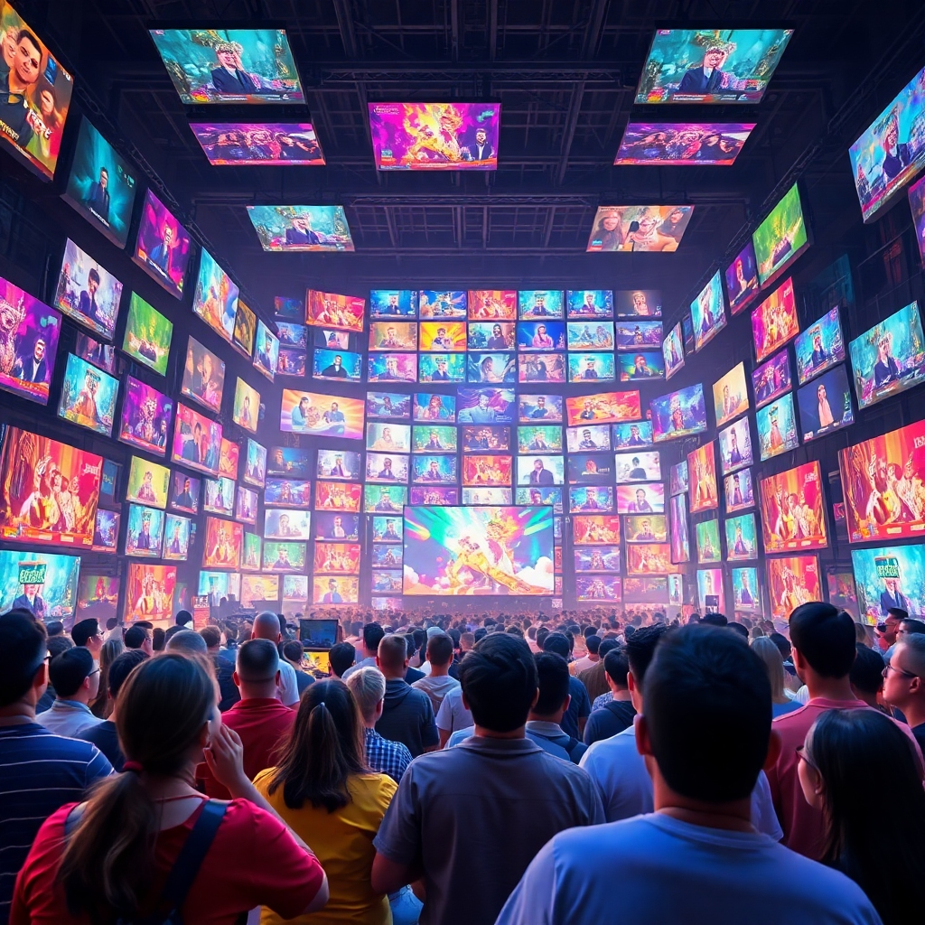 An expansive digital landscape representing thousands of TV screens displaying diverse content. The foreground features enthusiastic viewers enjoying varied shows, illustrating the potential reach of TVBoss Fire TeeVee in a vibrant, colorful setting.