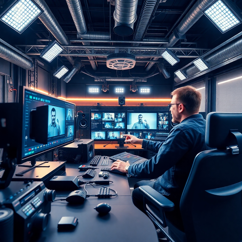 An exquisite image of a sleek modern studio filled with advanced video equipment and a enthusiastic video editor manipulating AI tools on a high-definition screen. The environment is stylishly decorated with industrial elements, bright lights creating a dynamic feel. The color palette primarily features deep blues and silvers. The angle highlights the creativity involved in blending technology and artistry, with intricate details of equipment design.