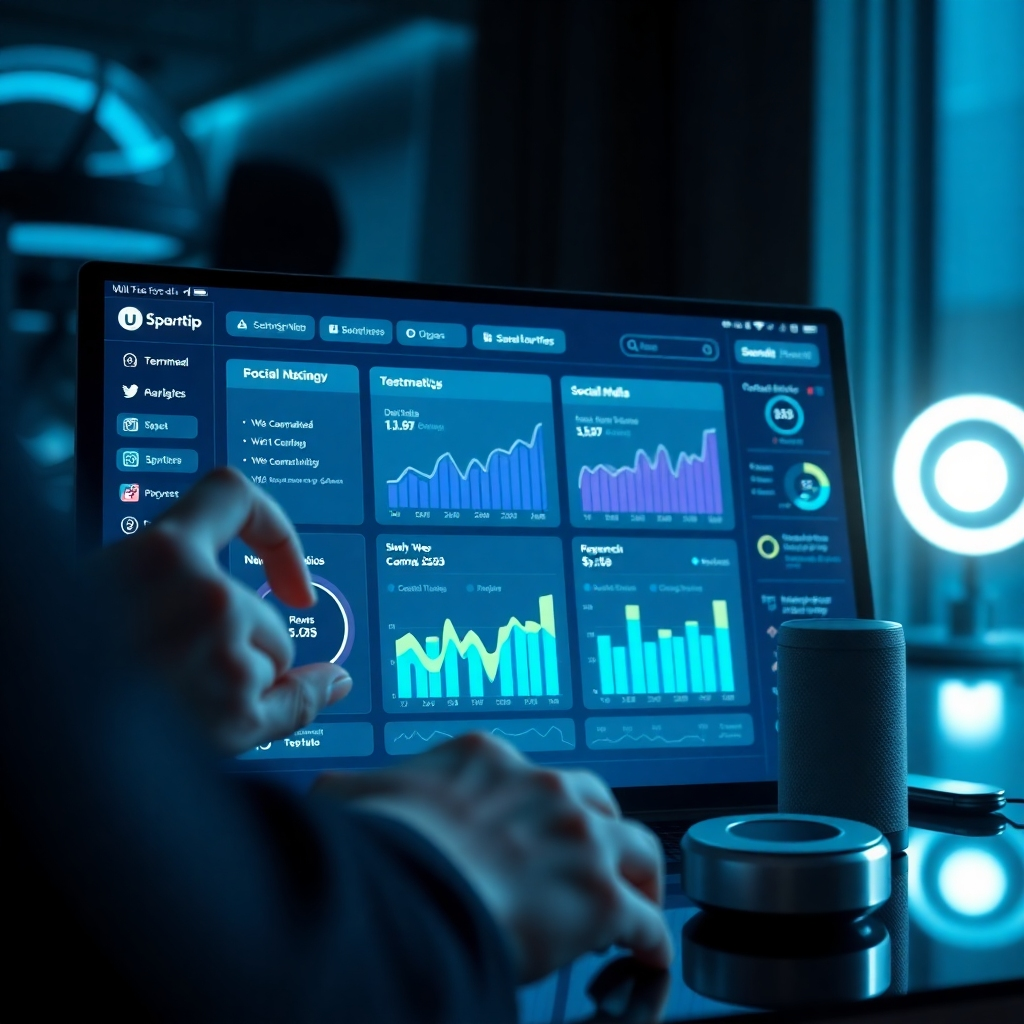An eye-catching digital dashboard displaying analytics for social media and email sharing options. The interface shows beautiful graphs and performance metrics. Dramatic side lighting enhances the sleek design of the dashboard, reflecting a tech-savvy environment. In front, a user interacts with a touchscreen device. The color palette consists of cool blues and teals, suggesting a sense of innovation and trust. Surrounding elements include futuristic props like a smartphone and smart speakers, symbolizing connectivity. The perspective is at eye level, focusing on the dashboard with blurred background elements for a professional look. The image should be ultra-detailed, showcasing textures of the device screens, rendered in 8K resolution.