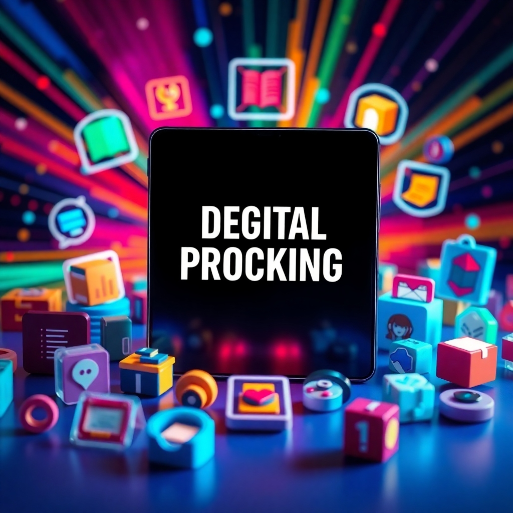 An eye-catching digital product mockup surrounded by vibrant icons representing various offers like e-books, online courses, and coaching services. The background should convey energy and creativity, perhaps with a burst of color or abstract designs suggesting innovation.