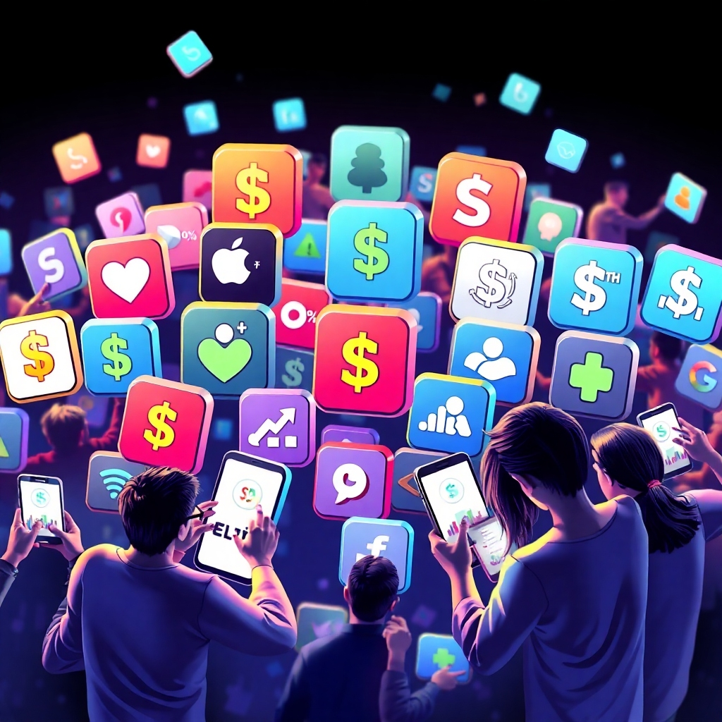 An eye-catching illustration showing a variety of app icons with dollar signs and branding features integrated into the design, surrounded by enthusiastic users accessing these apps on smartphones. Include elements like charts indicating growth to represent monetization.