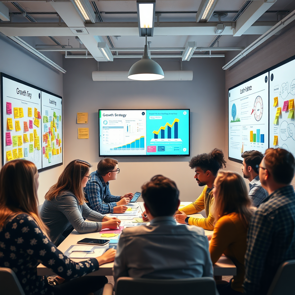 An eye-catching image of a brainstorming session, where diverse team members generate ideas surrounded by visual aids on walls illustrating growth strategies. Bright, inviting lighting creates an energetic atmosphere. The combination of colorful sticky notes and digital displays enhances the creative ambiance of a next-gen workspace. Technical specs: high resolution.