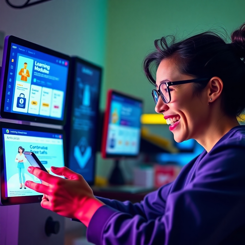 An eye-catching image showing a user quickly interacting with the Articalize APP, with screens highlighting learning modules and achievements. Bright colors create excitement and motivation, while soft-focus highlights the interface. The user’s expressions of focus and joy reinforce the ease of use and effectiveness of the app in driving traffic. The entire scene embraces the theme of accelerated learning and swift results.