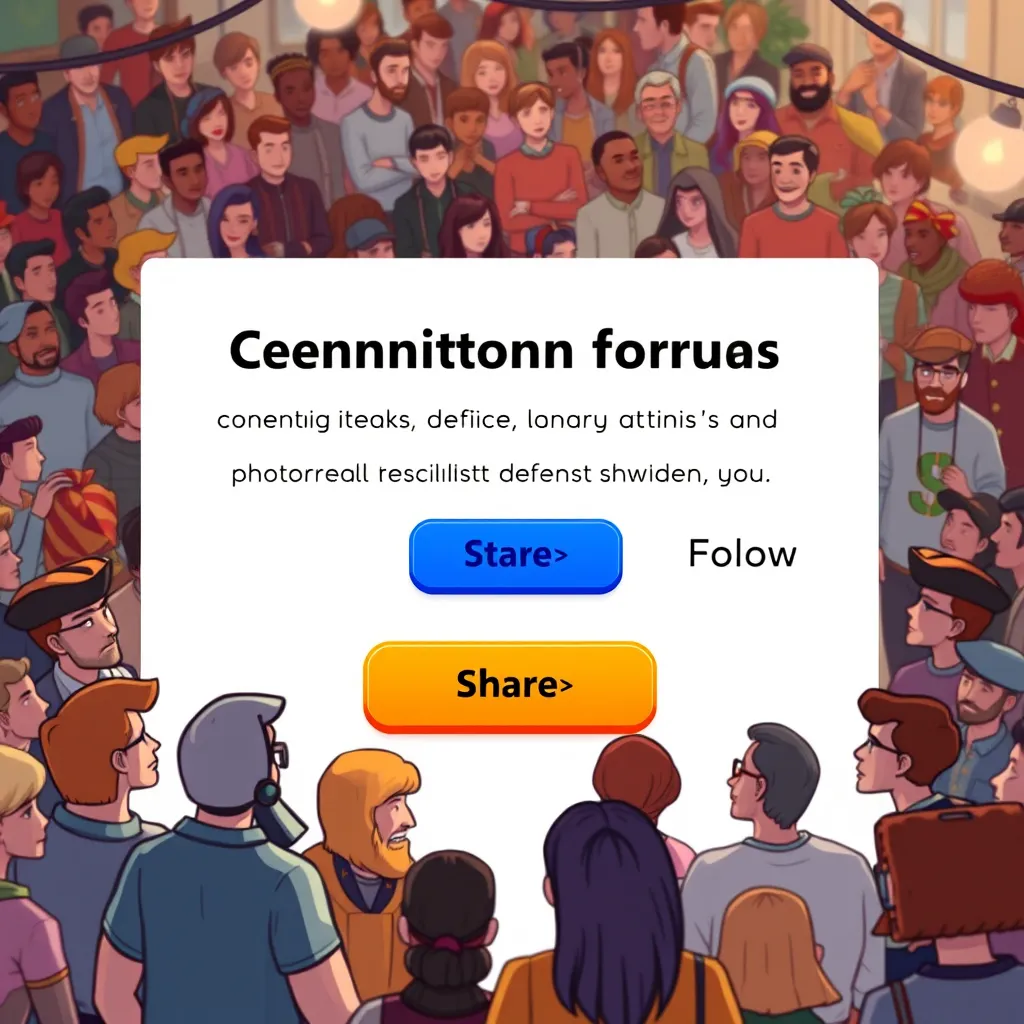 An illustrated digital page showing a vibrant community forum with clickable buttons for 'Join Discussion', 'Share', and 'Follow'. The background is bustling with visual characters representing a diverse group of engaged readers exchanging ideas.