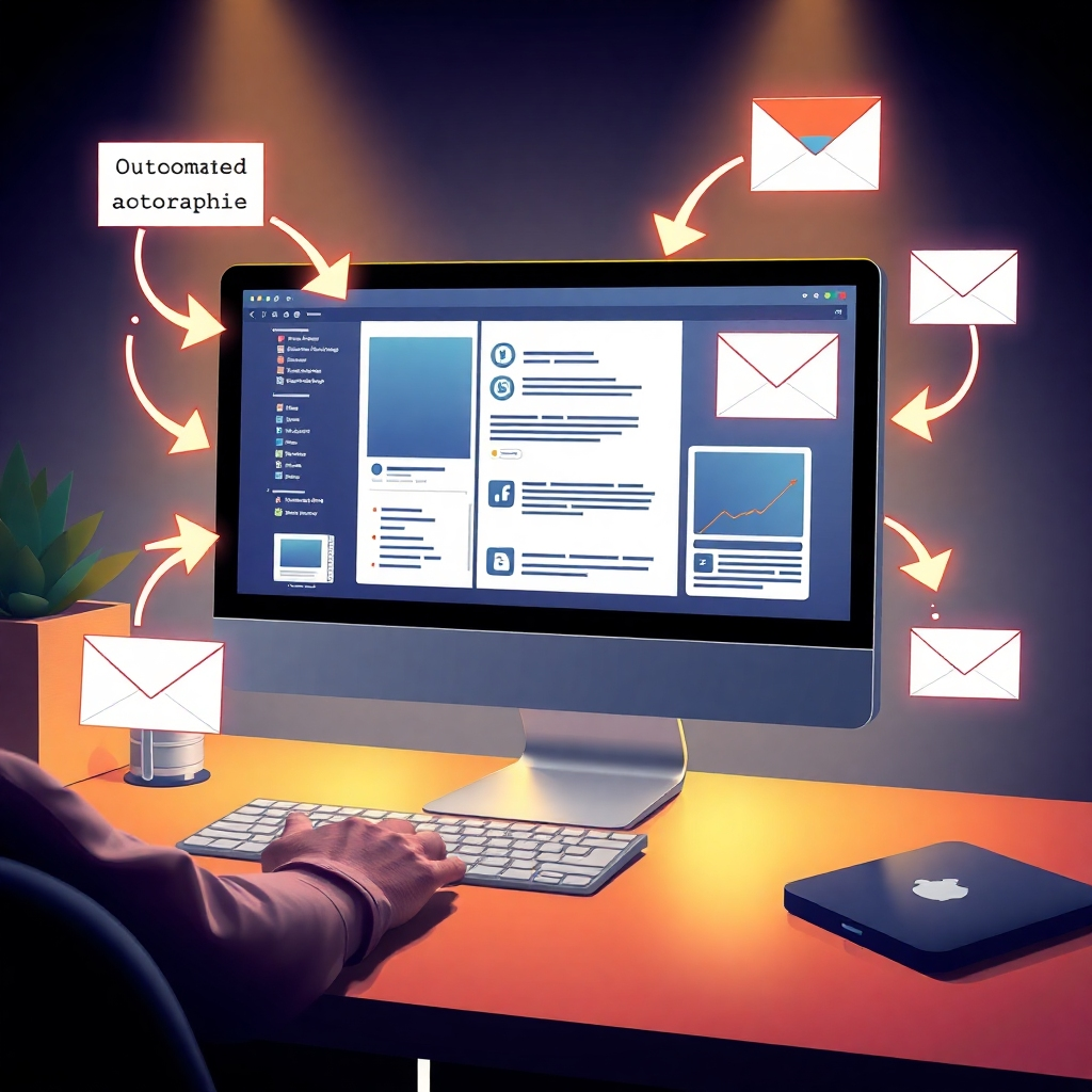 An illustration of a digital marketing strategy in action, showing a computer screen with automated social media posts and email shares for lead magnets, alongside arrows depicting outreach flow, highlighting connectivity and efficiency.