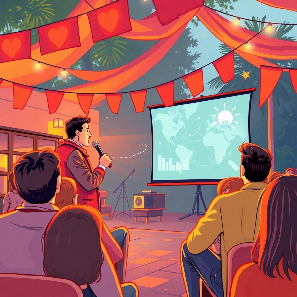 An illustration of a storyteller in action, engaging an audience with a captivating sales pitch. The setting is an inviting outdoor space with a projector displaying exciting visuals. The atmosphere is dynamic and vivid, filled with enthusiasm. The color palette should include warm and inviting colors, with a focus on brighter hues to convey excitement. The textures should enhance the engagement theme, including elements like fabric banners waving in the breeze. This image should be high-quality, ensuring clarity of emotion and connection.