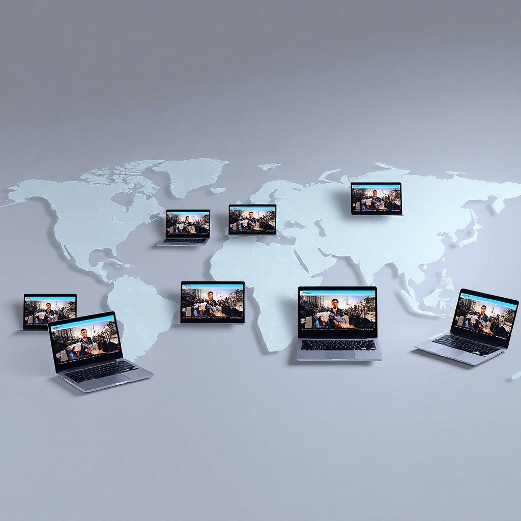 An illustration of a world map with various digital devices like laptops and tablets in different countries. Each device displays parts of a video course made with CourseReelAI Max, symbolizing global reach and accessibility to professional learning tools across diverse environments.