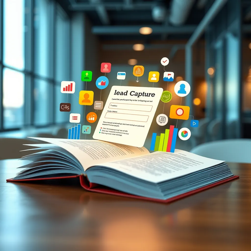 An illustration of an open digital book with an eye-catching lead capture form visible on the page, surrounded by colorful icons representing data collection (like graphs and user profiles), set against a modern office background to signify business growth.