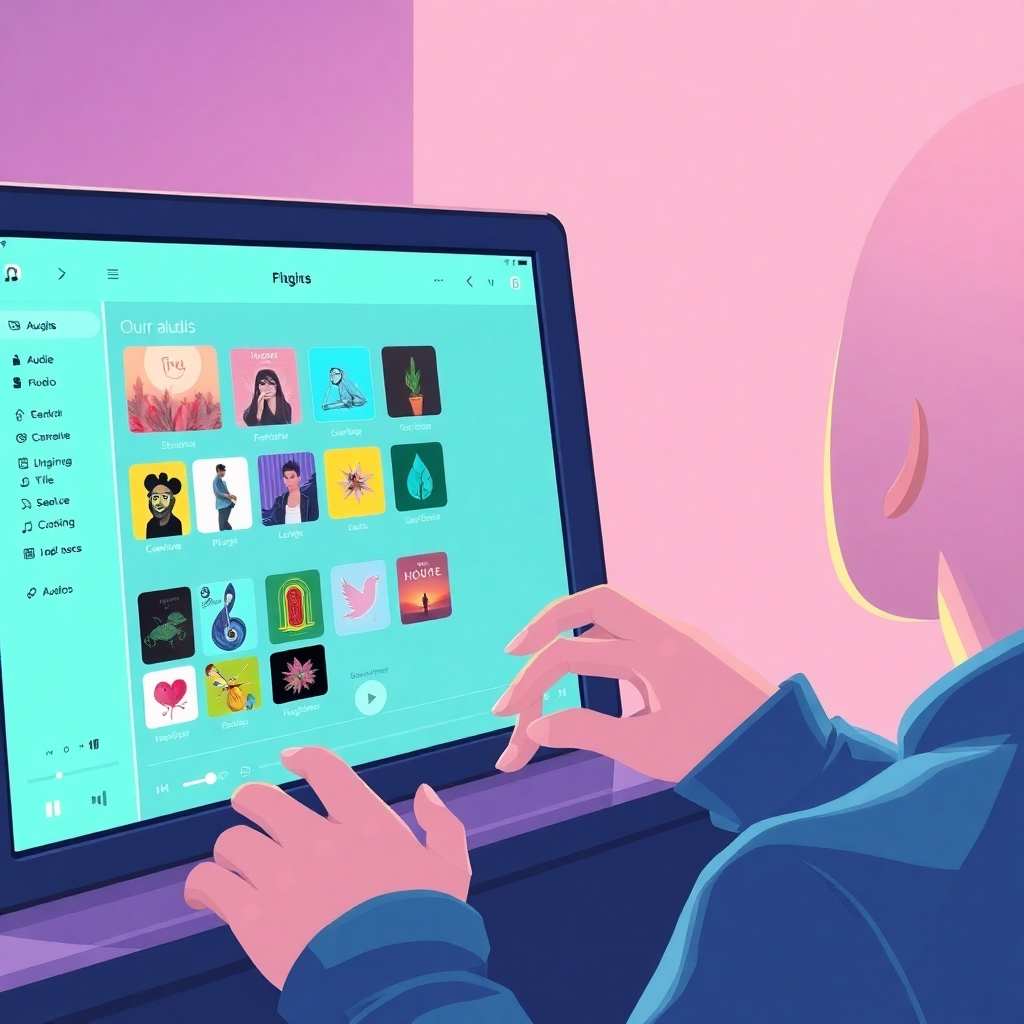 An illustrative composition showing a user customizing their audio clips on a high-tech device. The display shows different customizable options and visual elements representing diverse audio genres. Transparent overlays display vibrant, customizable graphics against a clean, modern interface, enhancing the sense of personalization. Soft lighting highlights the user's engaged expression.