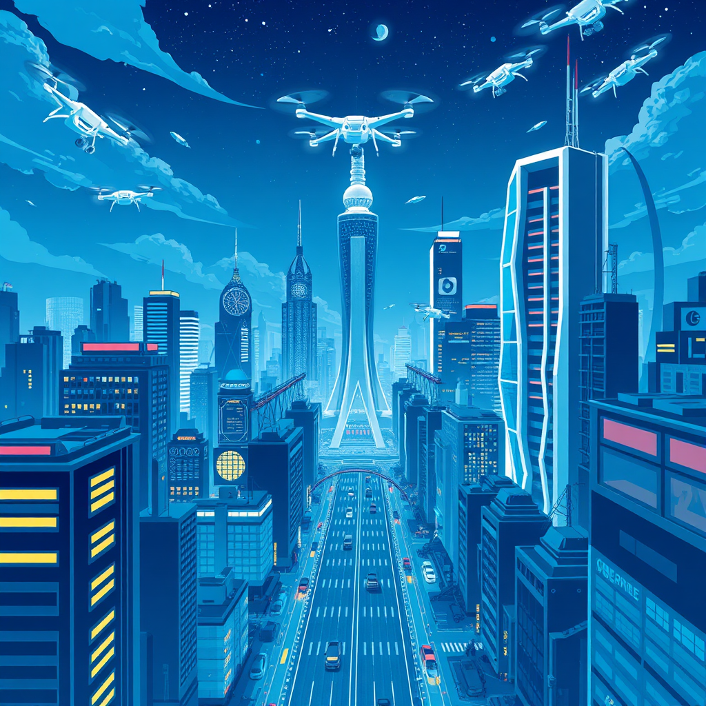 An illustrative concept showcasing a futuristic cityscape symbolizing progress and innovation, with aerial drones and smart buildings. The color palette is rich with deep blues and bright whites, portraying a sense of advanced civilization. The image should have a wide angle to encapsulate the urban landscape full of life and potential. Style reference: Futuristic city.