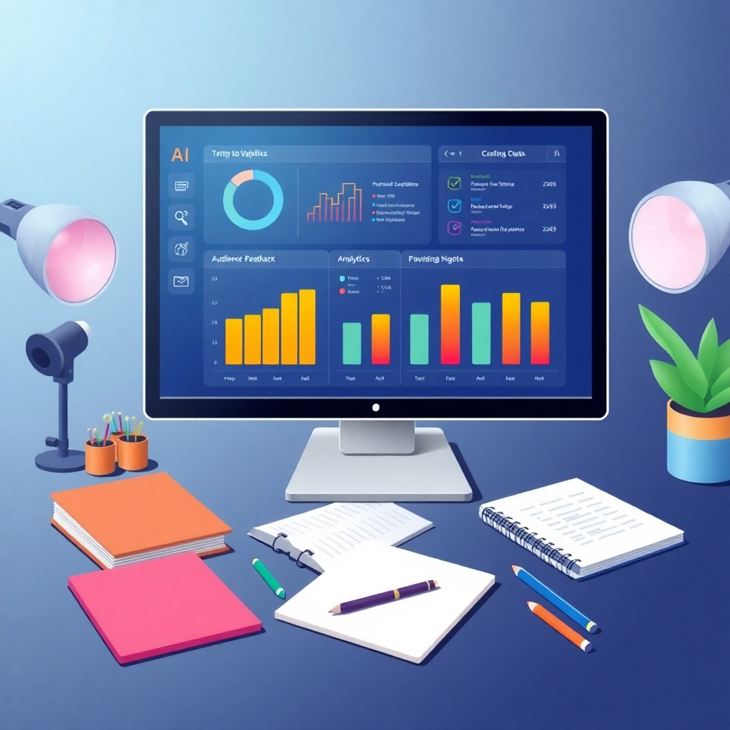 An illustrative image displaying an AI dashboard with analytics charts and audience feedback. The monitor highlights key performance indicators with vibrant colors for clarity. Surrounding it are notepads and creative materials, representing strategizing for improvement. The overall look is sleek, modern, and tech-centric, showcasing the importance of analytics in podcast growth.