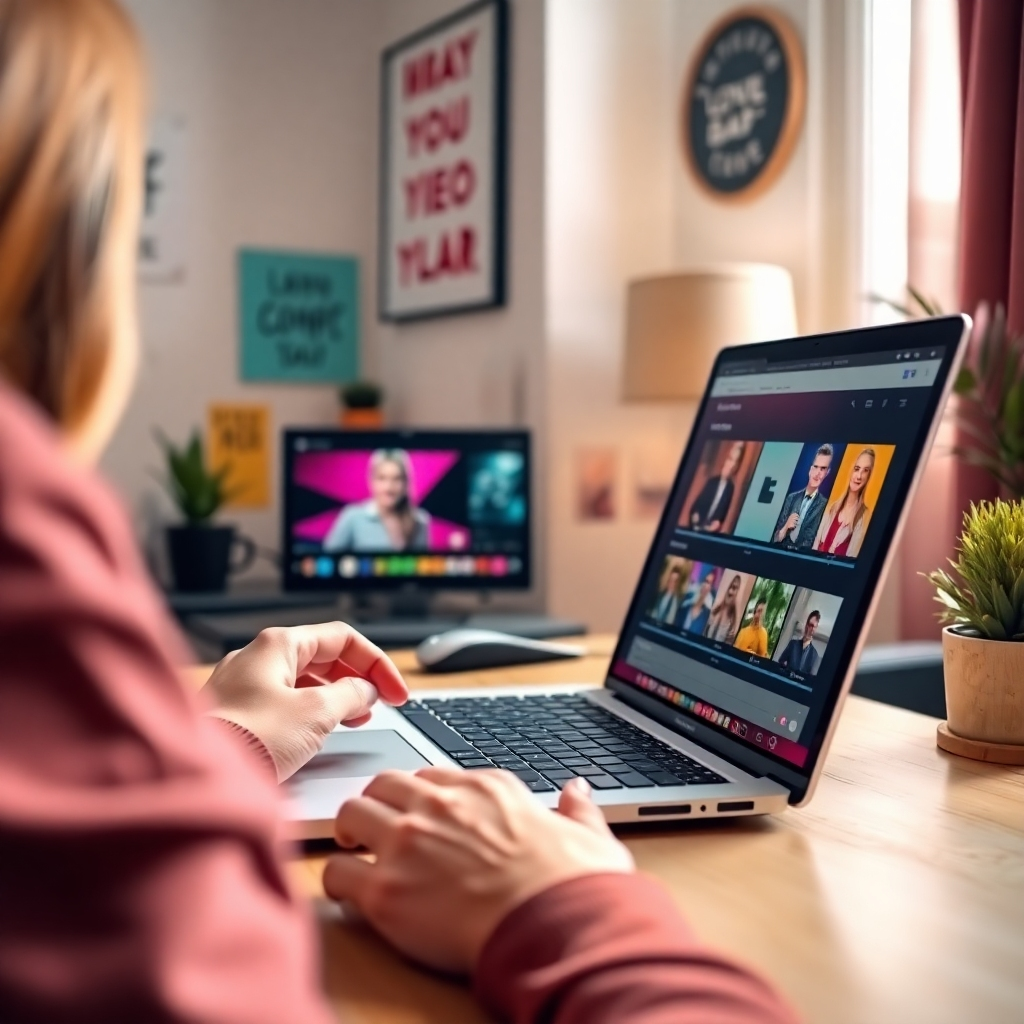 An image focusing on a user happily using the drag-and-drop video editing feature on a laptop. The workspace is decorated with vibrant colors and motivational quotes. Soft, natural light illuminates the scene, enhancing the warm and inviting atmosphere. The camera angle is slightly angled to give a glimpse of the interactive screen displaying colorful video elements ready to be arranged. This high-quality visual should highlight comfort in using technology as a creative outlet.
