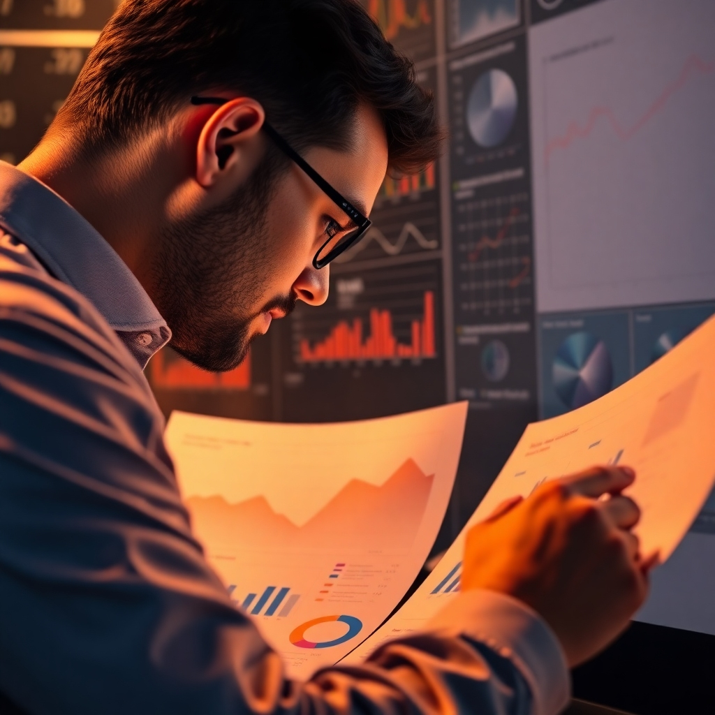 An image illustrating a professional examining detailed analytics reports, filled with charts and graphs. Include elements of metadata being analyzed in real-time, with dynamic lines connecting live data and outcomes. Warm tones with sharp details create depth. Technical specs: high resolution.