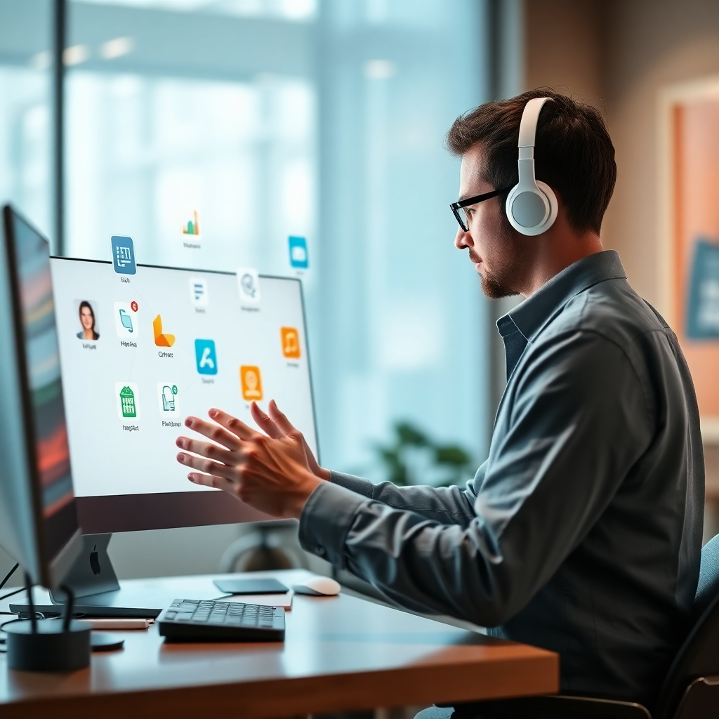 An image illustrating a user easily integrating AutoBuzz AI into existing tools. The central figure interacts with a computer, showing a flowing connection to various apps and platforms. The color palette is a harmonious mix of tech-inspired colors like teal and gray. The environment is contemporary with light reflections enhancing the tools on the screen. Technical specs: bright and clear.