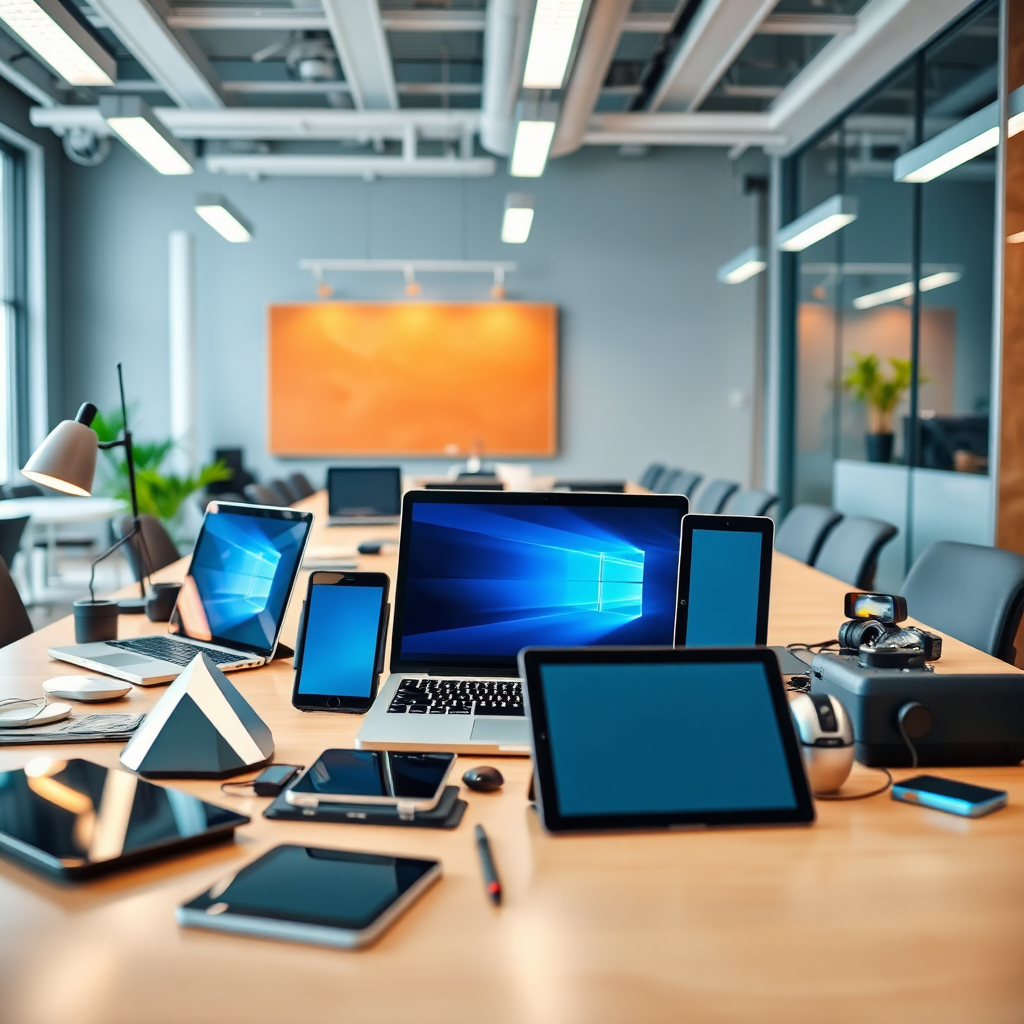 An image of a collection of gadgets and tools symbolizing business efficiency, such as laptops, tablets, and smart devices arranged on a stylish desk. The setting features modern design elements with bright lighting and a clean workspace. The camera angle should focus on the gadgets in a way that conveys innovation and accessibility.