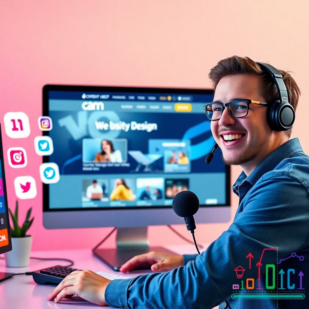 An image of a computer screen displaying a beautifully designed website layout, with social media icons around it, a content creator with a headset and microphone smiling, and colorful graphics showcasing digital marketing tools.